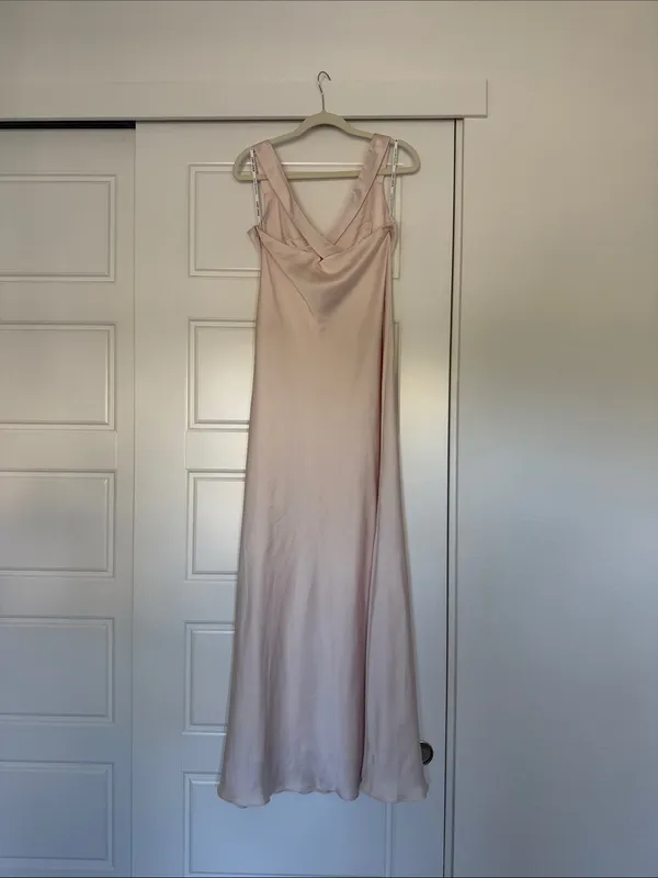 Birdy Grey Champagne Satin V-Neck Maxi Formal Bridesmaids Dress - Size Small - Image 2