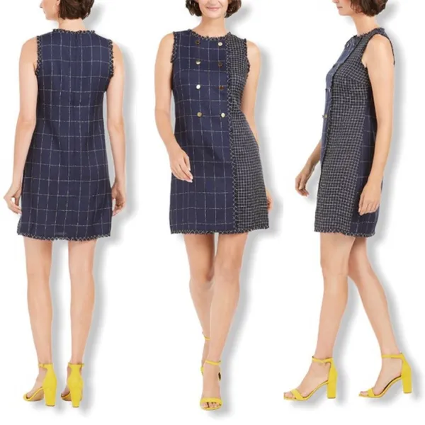 Julia Jordan Dress Shift Woven Navy Blue Decorative Buttons Sz 4 Raw‎ Edges Mini - Image 3