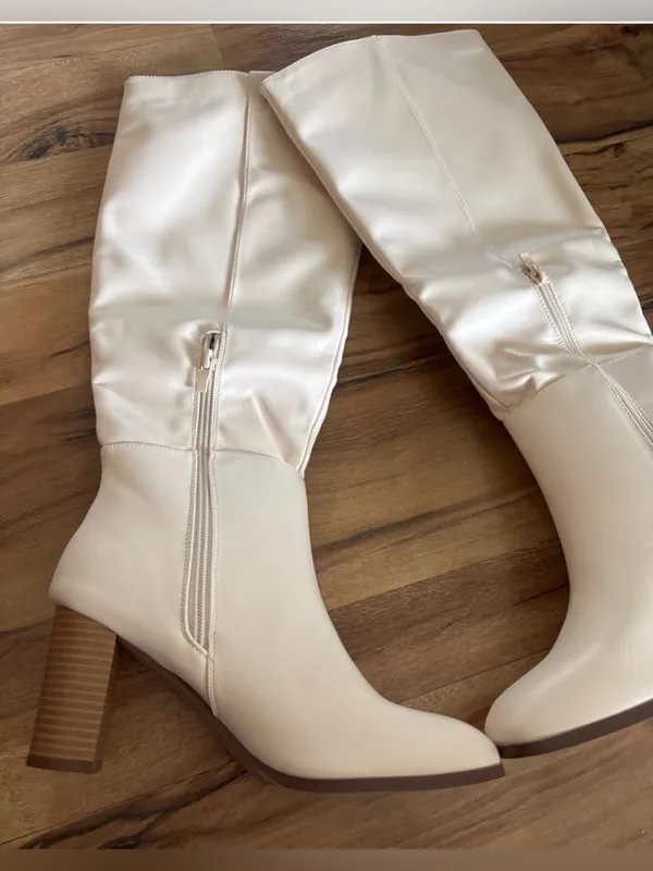 Women's Over-the-Knee Cream Leather Block Heel Boots - Image 3