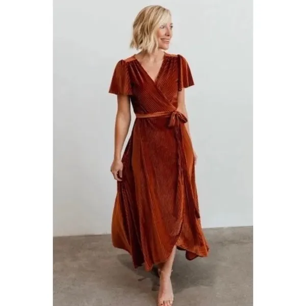 BALTIC BORN Andi Velvet High Low Maxi Dress Ribbed Party Holiday‎ Copper Rust XS - Image 2