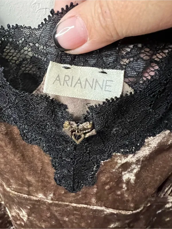 Arianne Vintage 90s Chocolate Brown Velvet Black Lace Slip Mini Dress - Image 5