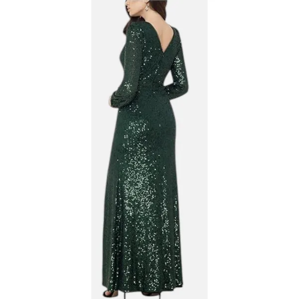 Xscape Long Sleeve Long V-Neck All Over Sequin Gown Hunter Size 18W - Image 2