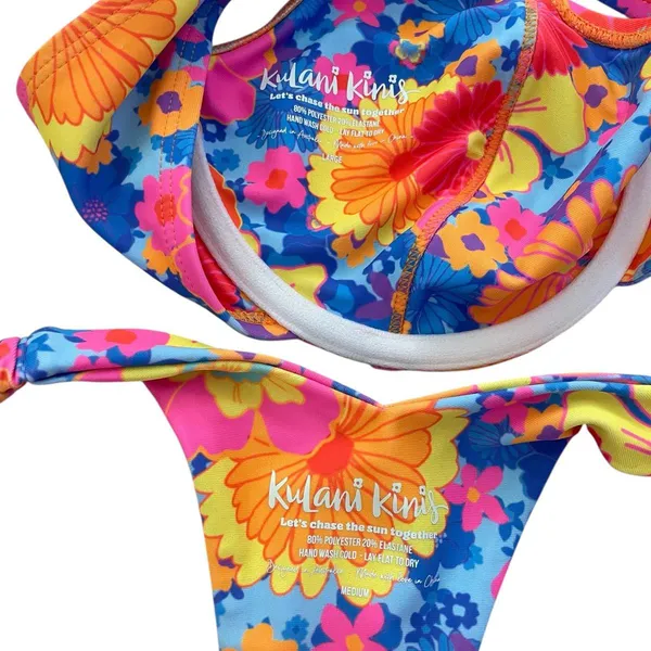 Kulani Kinis Bikini Set Sapphire Sun Floral Retro Y Thong Underwire Bralette M/L - Image 3