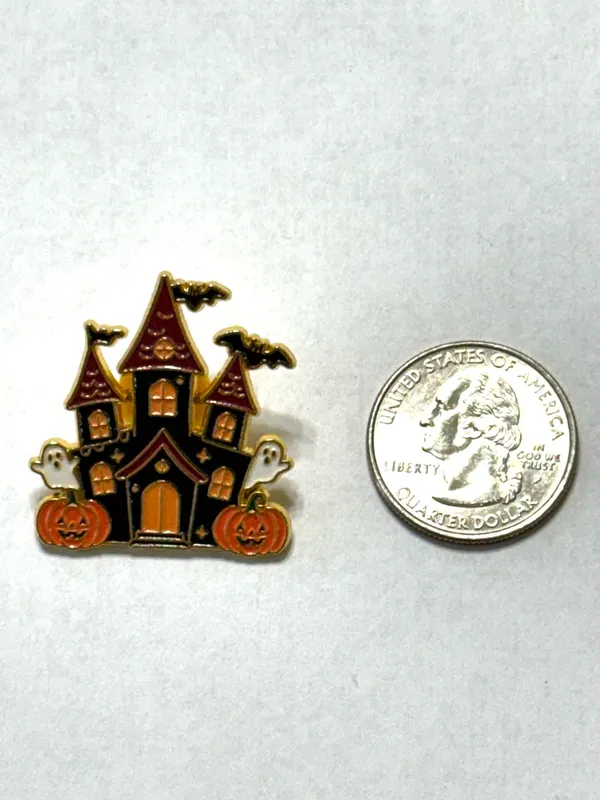 Halloween Haunted House Pin Black Orange White Gold Tone New - Image 3