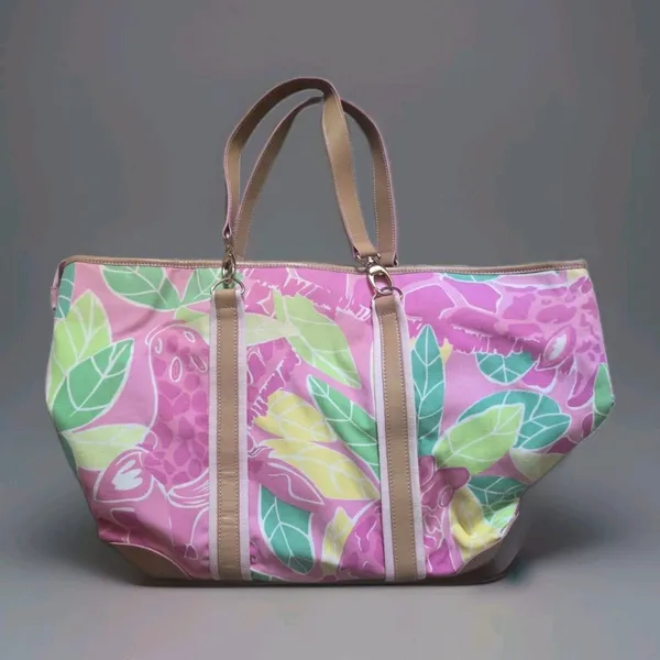 Vintage Lilly Pulitzer Giraffe Print Canvas Tote Bag Pink Zip Top Travel READ - Image 2