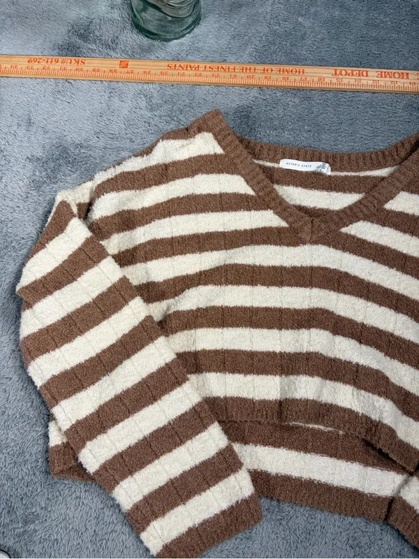 Altar'd State Cozy Striped V-Neck Cropped Sweater - Cream & Brown medium - Image 2
