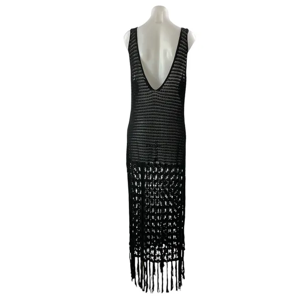 Zara Women's Black Sleeveless Open Knit Crochet Fringed Tasseled Maxi Dress Sz M - Image 3
