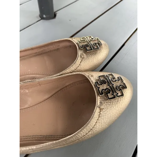 Tory Burch Melinda Ballet Flats Metallic Gold Leather Double T Logo Size 7.5 M - Image 8