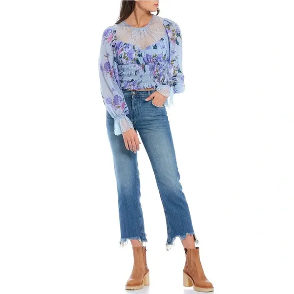 Free People Daphne Floral Lace Blouse In Silver Blue Combo NWT XS - Image 3