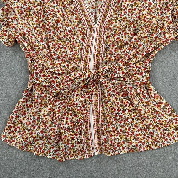 Max Studio Floral V-Neck Blouse Women's XL Yellow/Red Belted Ruffle Boho - Image 5