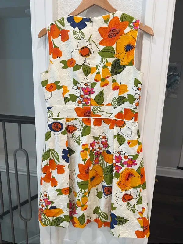 Trina Turk Floral Jacquard Fit Flare Dress Cotton Size 10 Garden Party - Image 5