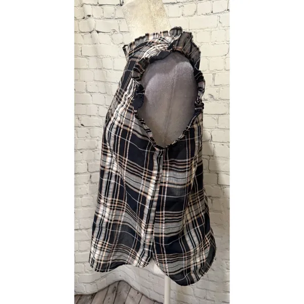 Loft Women's Black Orange & White Plaid Flutter Sleeve Ruffle Top Size Small - Image 3