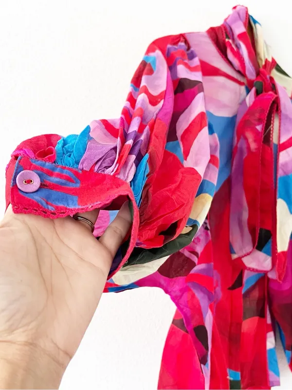 Farm Rio Watercolor Floral Blue Balloon Sleeve Tie Neck Blouse - Image 6