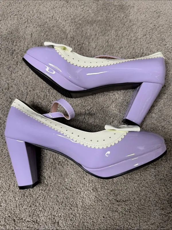 Women’s Purple Chunky Heel Mary Jane Pumps Cute Bow Round Toe Size 10 (EU42) NEW - Image 9