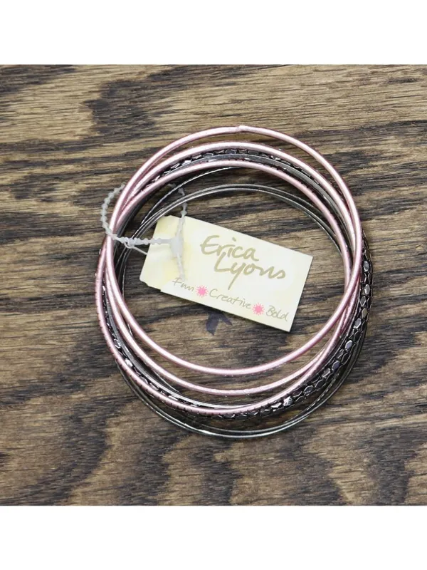 NWT Erica Lyons Textured Rhinestone 9 Pack Bangle Bracelets Black / Pink 2.75" - Image 2