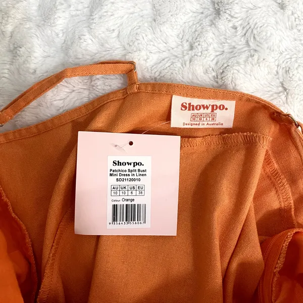NEW Showpo Patchico Orange Linen Blend Look Split Bust Bodycon Mini Dress 6 - Image 8