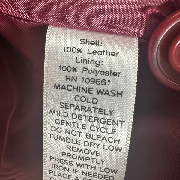 Denim & Co Burgundy Washable Leather Jacket Contrast Stitch Barn Coat Large Flaw - Image 5