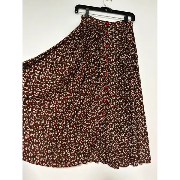 VINTAGE Jane Ashley Burgundy Floral Two Piece Shirt and Pleated Midi Skirt ML - Image 11