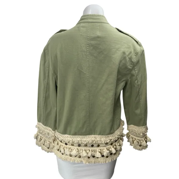Zara Green Crochet Fringe Trim Button Front Pockets Long Sleeve Jacket Size XS - Image 2