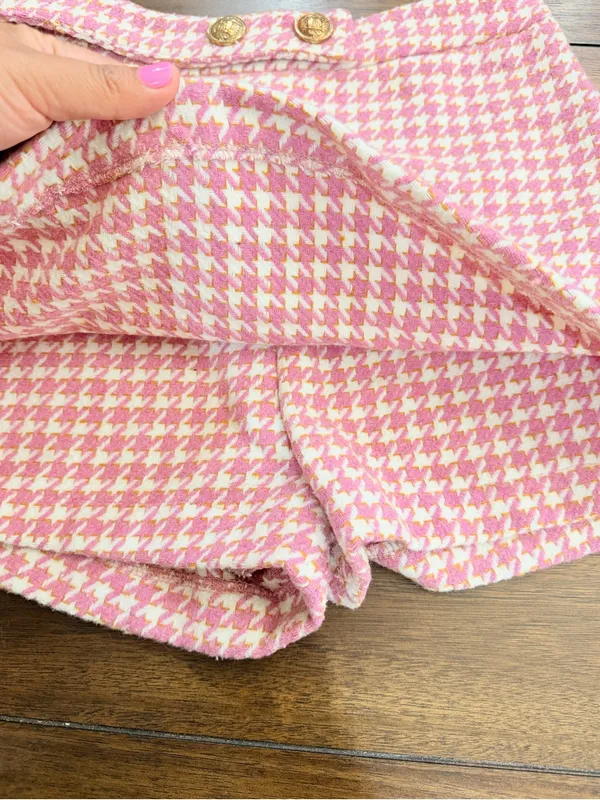 TCEC Pink Tweed Houndstooth Blazer Jacket & Skort Shorts Set Metallic Gold M - Image 8