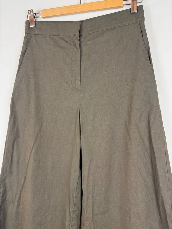Theory Olive Green Stretch Crepe Wide Leg Cropped Pants High Rise Size 2 - Image 2