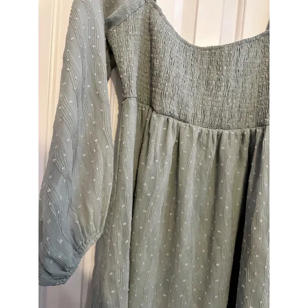 Altar'd State Mini Dress Swiss Dot Sage Green Smocked Long Sleeve NWT‎ Boho L - Image 4