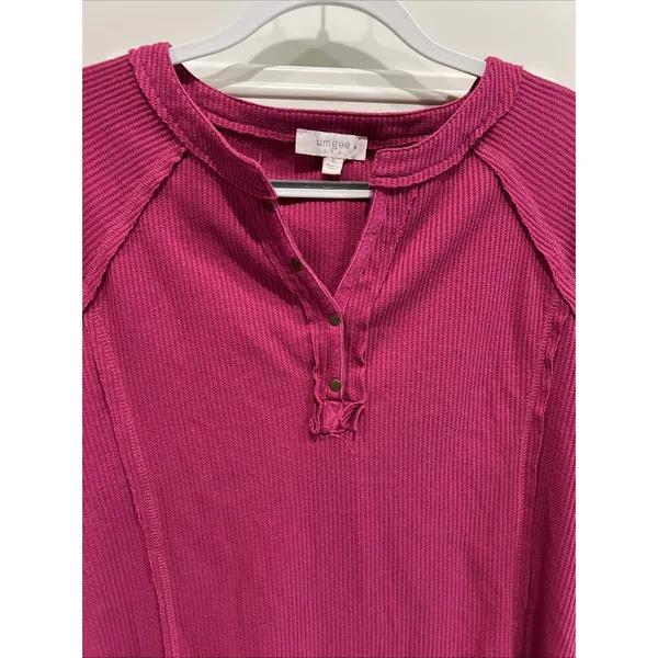 Umgee Fuchsia Pink Textured Henley Shirt Casual Boho Cotton Thermal - Image 2