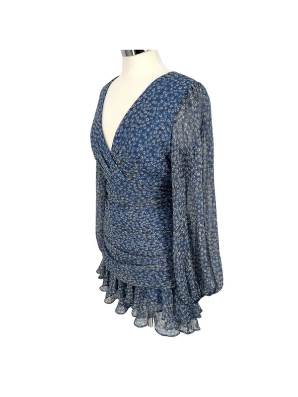 Bardot Floral V-Neck Long-Sleeve Mini Dress Ruffled Ruched Blue Size XL - Image 5