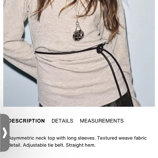 Zara NWT asymmetrical long sleeve top faux leather tie belt light beige marl - Image 3