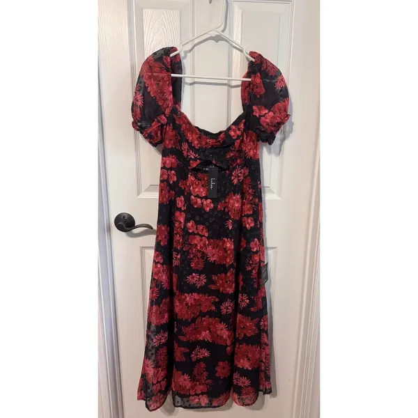 Lulus Truly Charming Floral Midi Dress Small Black Red Puff Sleeve Cutout NWT - Image 2