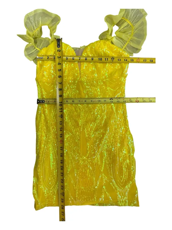 Banjul Yellow Sequin Ruffle Strap Mini Dress - Image 14