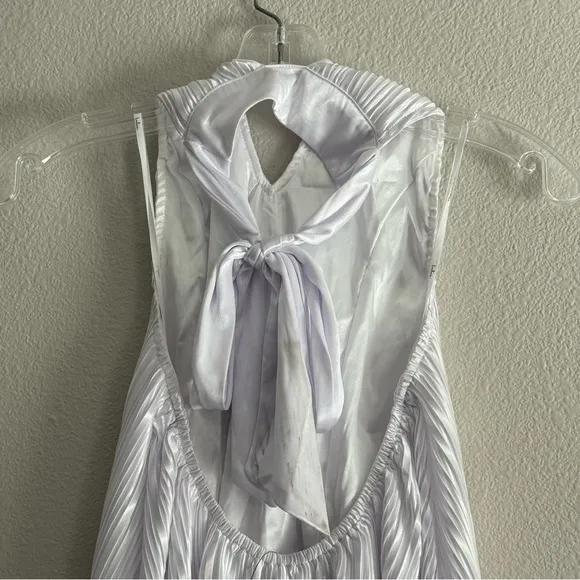 NEW Lulus Pretty Aura White Satin Plisse Mock Neck Mini Swing Summer Dress Sz XS - Image 15