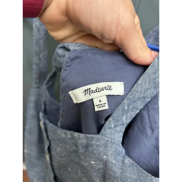 Madewell Blue Cotton Chambray Button Front Cross Back Apron Dress Size 4 - Image 3