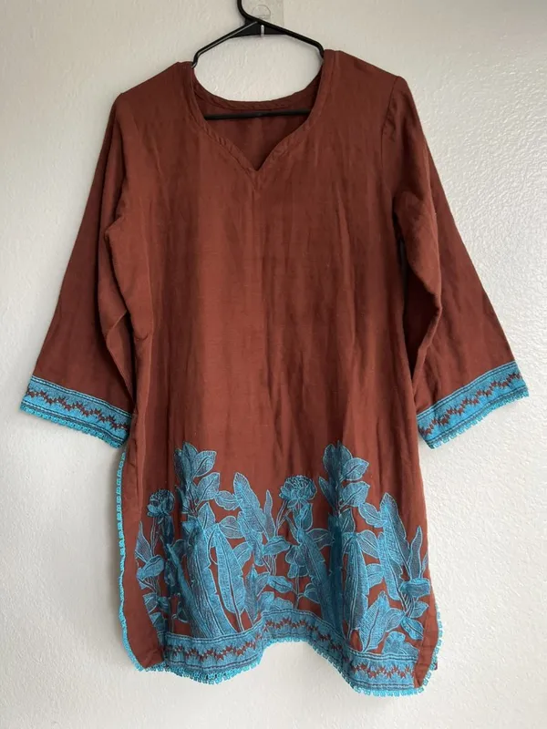 Vintage Mexican American long-sleeved Cotton tunic teal embroidered Brown floral - Image 9