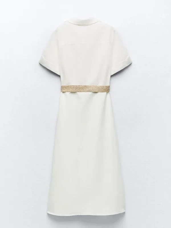ZARA Cream Button-Front Midi Shirt Dress with Woven Belt - Image 6