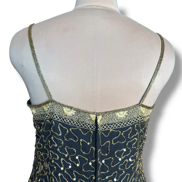 Vintage Beaded Black Gold Drop Waist Metallic Sequin Cocktail Dress Sleeveless 4 - Image 8