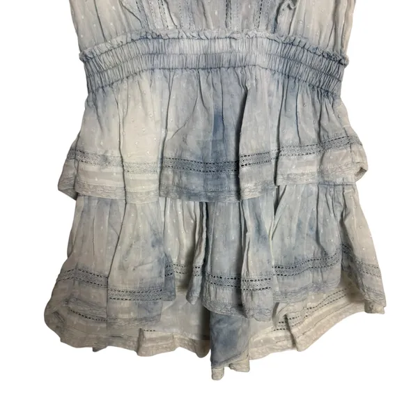LoveShackFancy Natasha Light Blue Tie Dye Cotton Ruffled Tiered Lace Mini Dress - Image 6