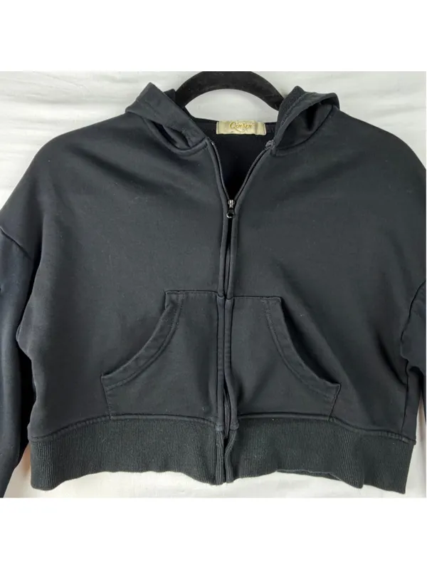 Qinsen Cropped Zip Up Hoodie XS Black Cargo Sleeve Utility Jacket Y2K Streetwear - Image 3