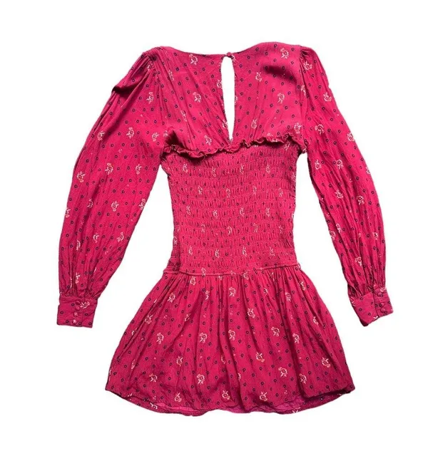 Free People Red Two Faces Printed Floral Boho Mini Dress Smocked Balloon Sleeve - Image 3