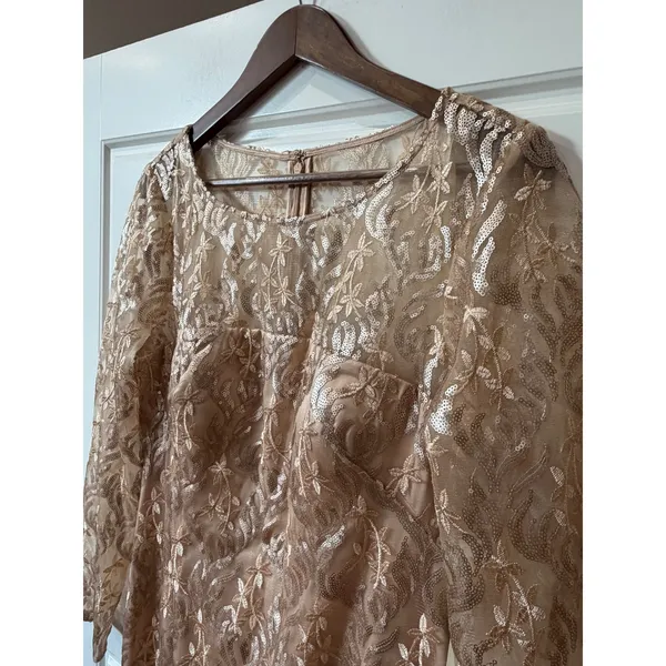 Eliza J Champagne Sequin Lace Long Sleeve Formal Gown Size 14 Evening - Image 5