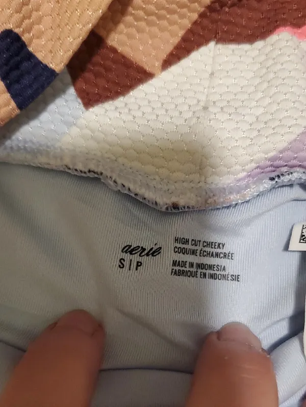 aerie High-Cut Bikini Bottoms in Light Blue, Navy & Pink Leaf Print - Image 2