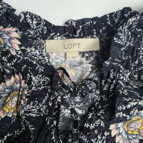 LOFT NWOT Black Purple Floral Ruffle Neck Long Sleeve Elastic Waist Dress‎ Large - Image 3