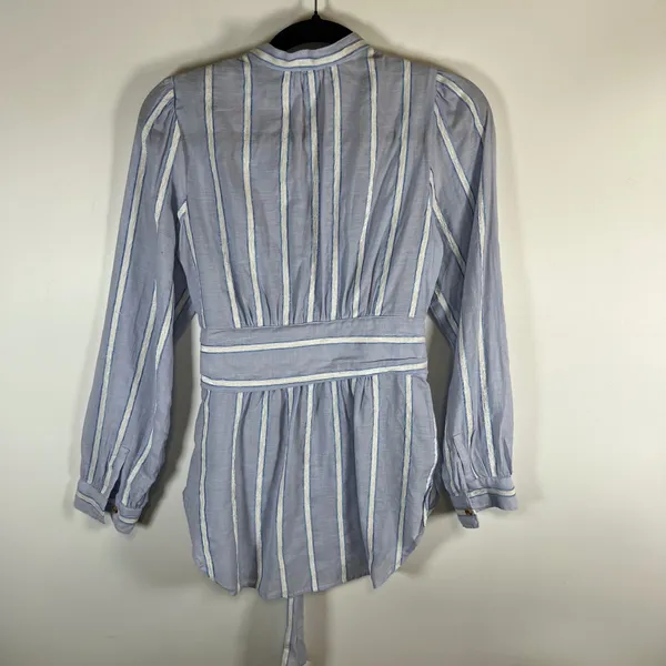 Anthropologie Building Blue‎ White Striped Tie Waist Button Down Blouse Top Sz 8 - Image 7