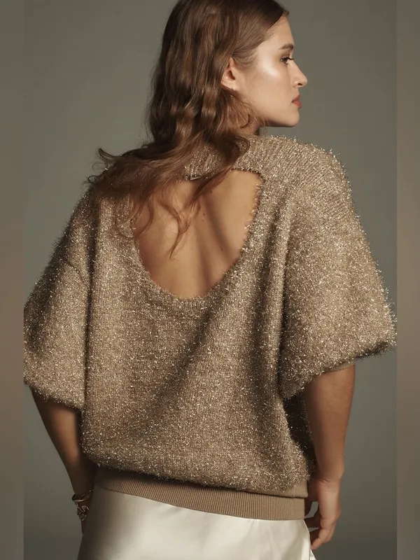 Maeve Violette Short-Sleeve Tinsel Pullover Sweater Metallic Gold Honey Small - Image 2