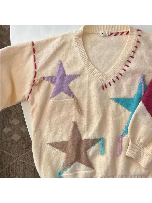 POL Patchwork Star Sweater - Beige V Neck Thick Knit Size Medium - Image 4