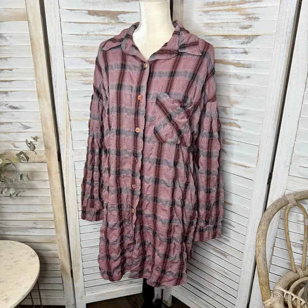 CUTLOOSE Women's XL Plaid Long Sleeve Shirtdress Maroon Burgundy Y2K Grunge - Image 6