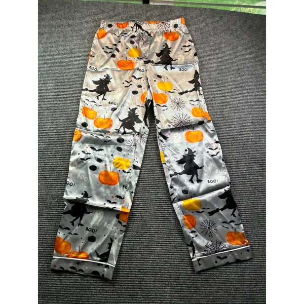 Halloween Satin Pajama Set Witches Pumpkins Ghosts Silver XL Short Sleeve Pants - Image 3