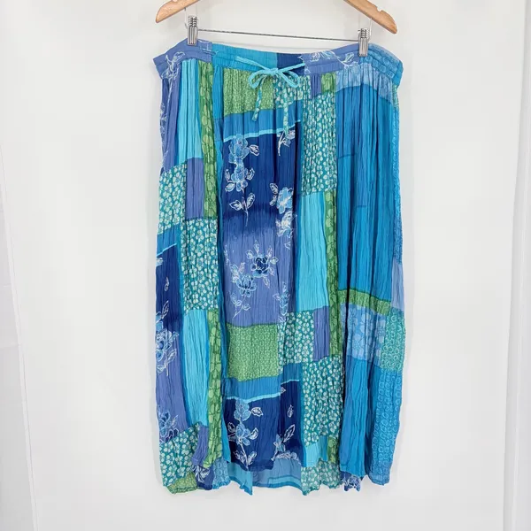 Phool Patchwork Boho Maxi Skirt Sz XL Hippie Festival Crinkly Lagenlook Blue - Image 2