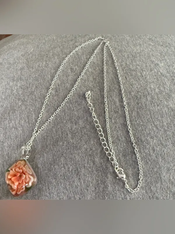 Glass Pendant Necklace with Peach Floral Accent - Image 3