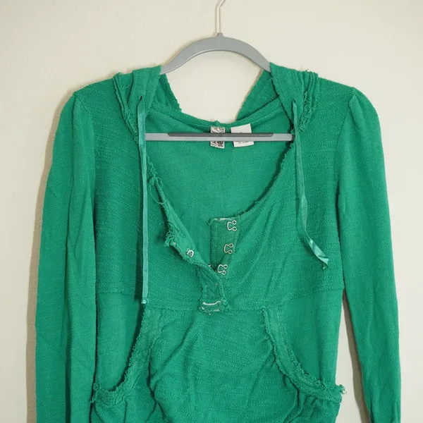BKE Women's Size Small Green Raw Edge Slub Knit Hoodie Sweatshirt Casual Lounge - Image 2